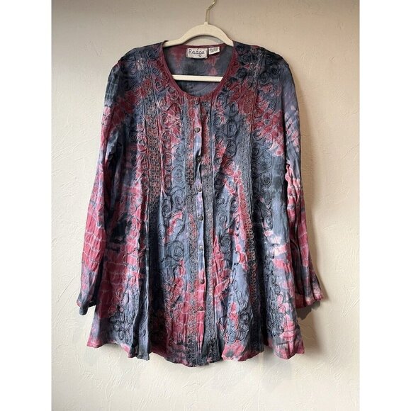Vintage Women’s Top Embroidered Tie Dye Boho Fairy Whimisgoth Button Up Tunic - Picture 1 of 10